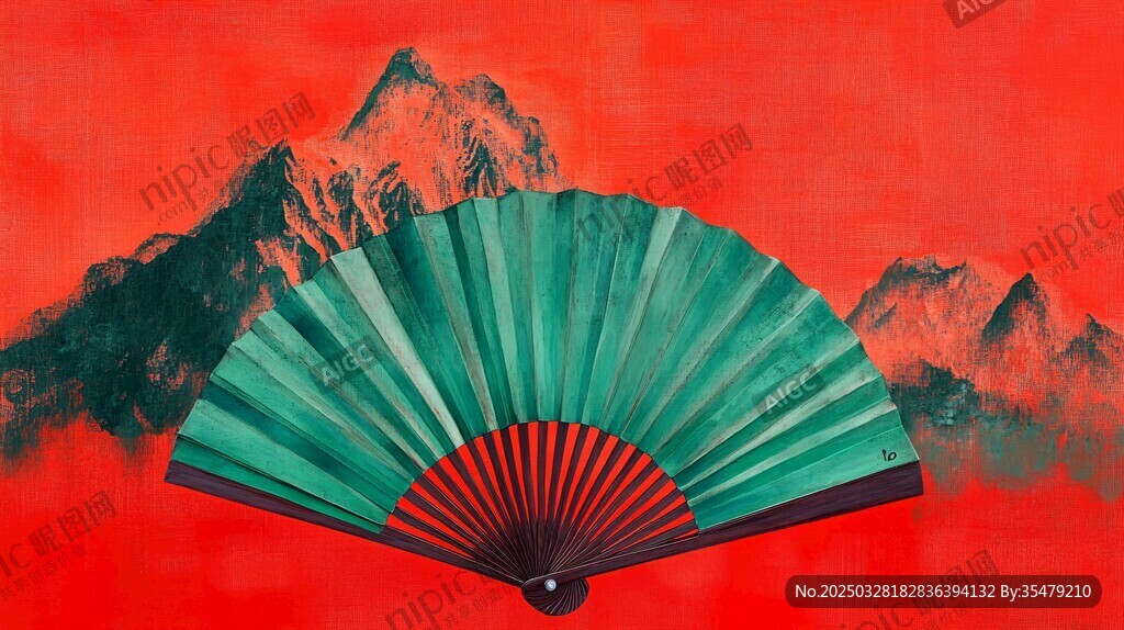 紅底青山前的中式折扇