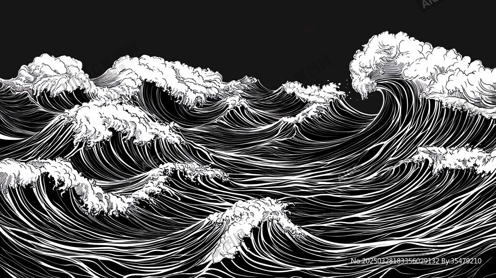 黑白洶涌海浪藝術插畫