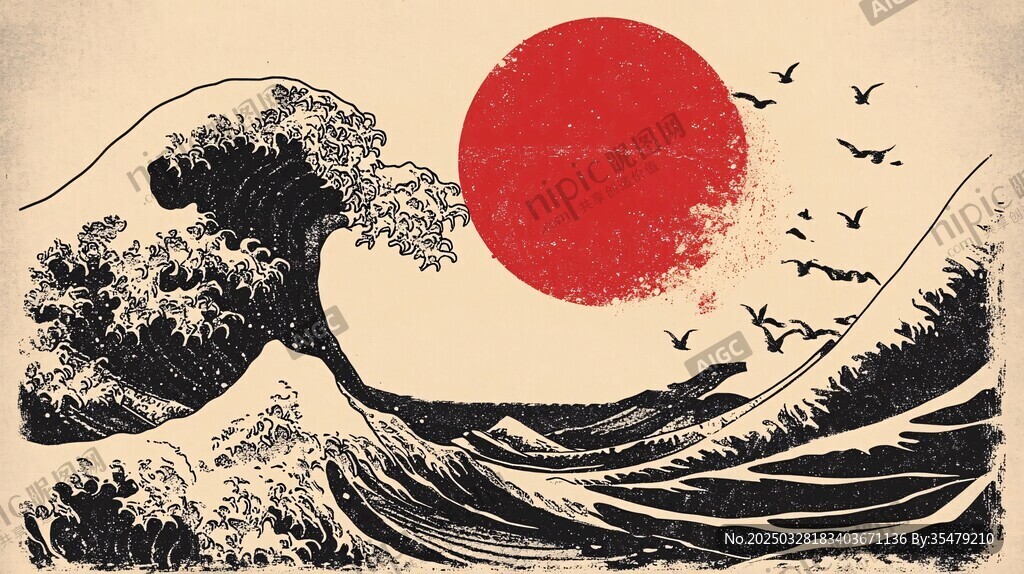 日式浮世繪海浪紅日圖景