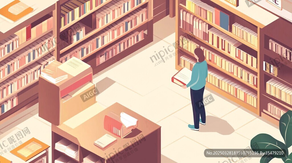 在圖書館選書的安靜時刻