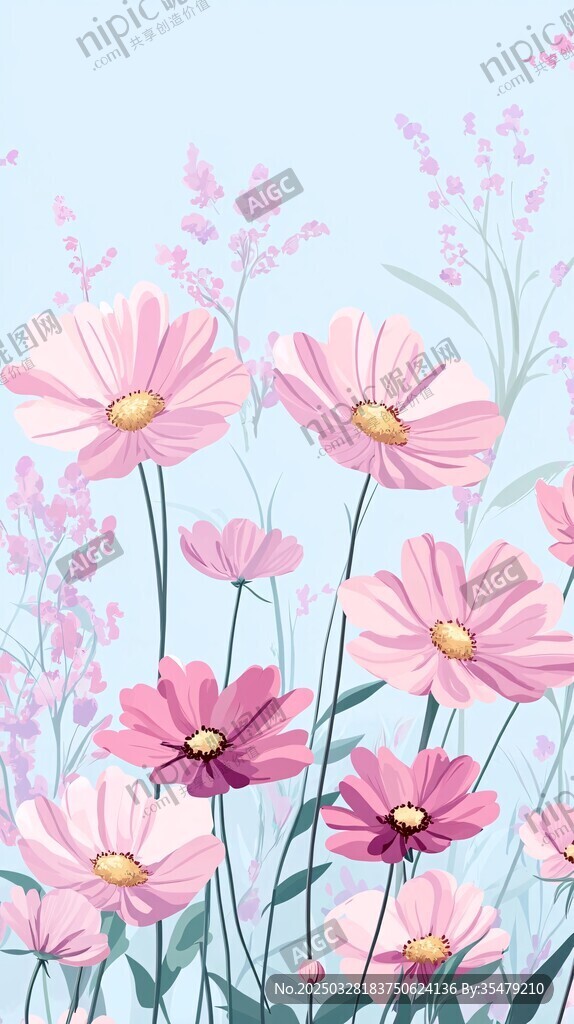 粉色波斯菊浪漫花卉插畫