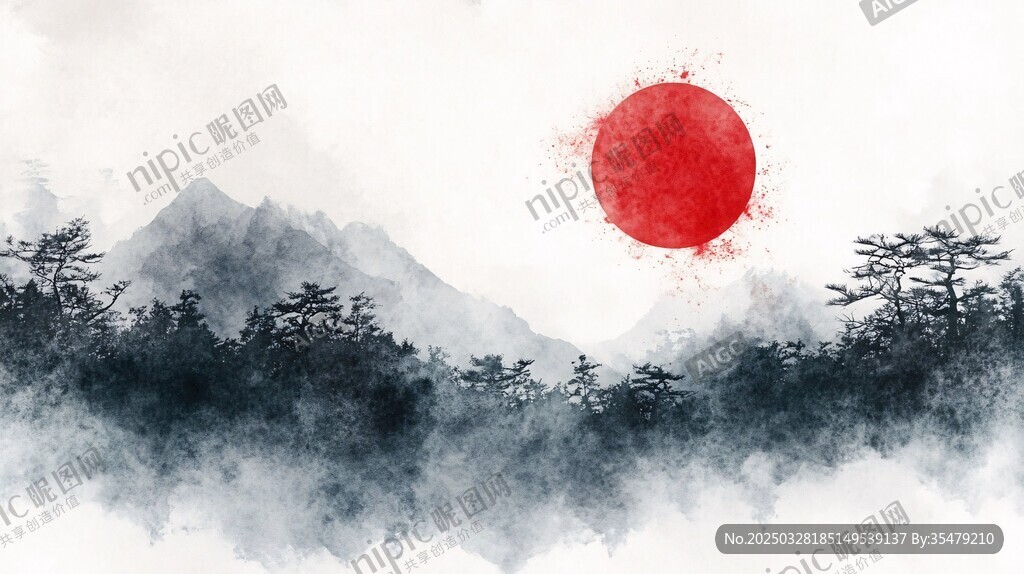 水墨山川紅日?qǐng)D