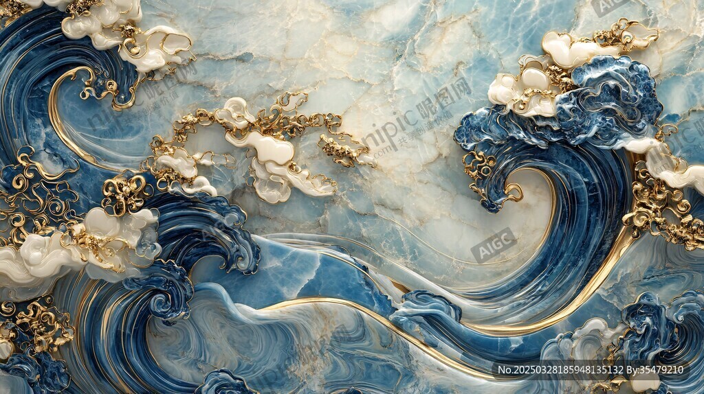 藍白海浪金飾浮雕藝術(shù)圖