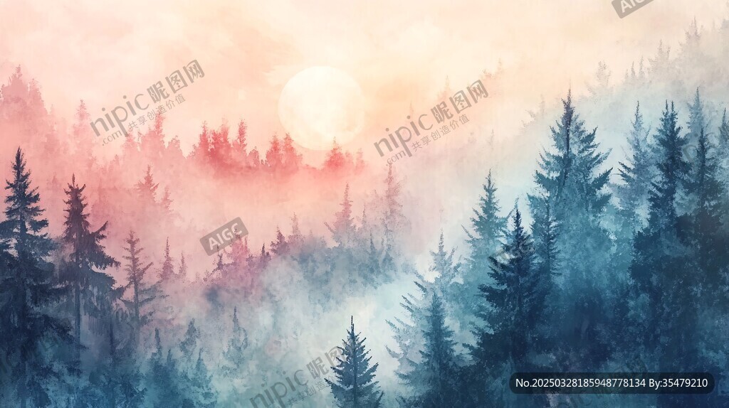 晨霧中的森林日出美景