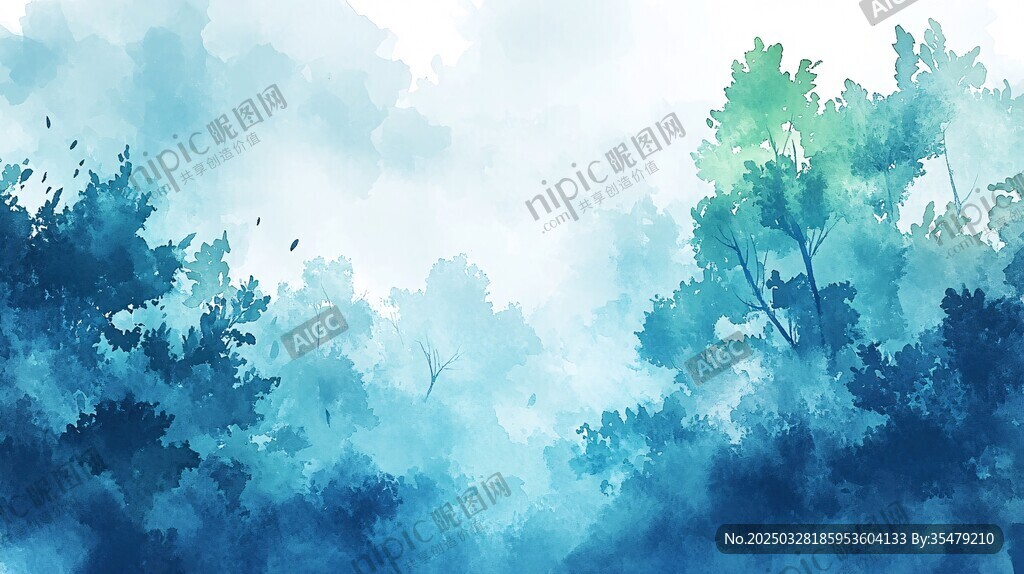 夢幻藍綠森林水彩背景圖