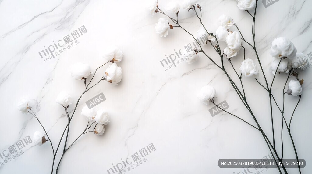 白色大理石上的棉花枝
