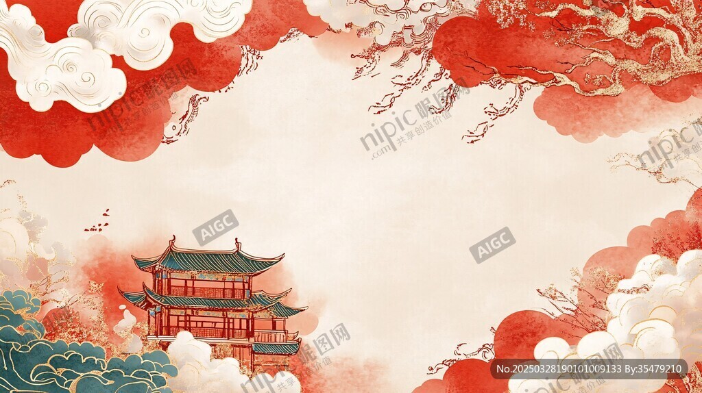 古風中式樓閣云景圖