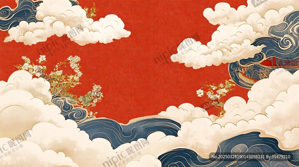 中式祥云瑞景紅色背景圖