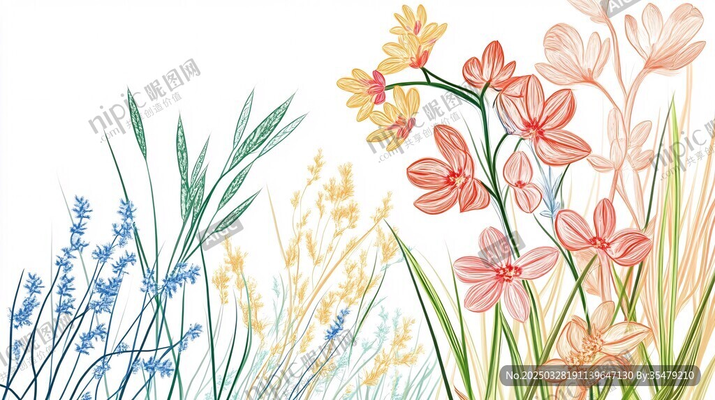 春日花卉草叢清新插畫(huà)