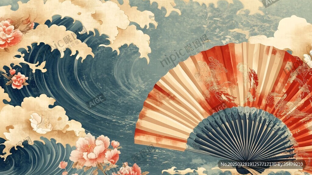 古風折扇與海浪花卉圖