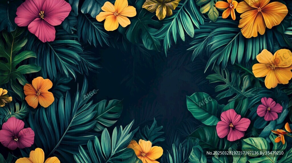 熱帶花卉綠植環(huán)繞背景圖