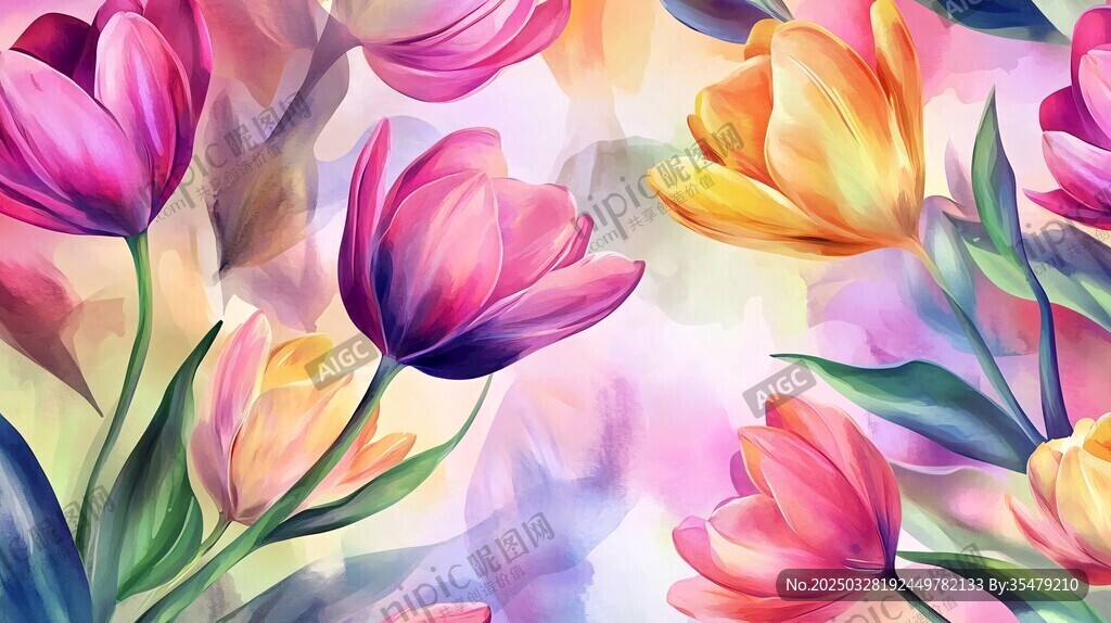 水彩郁金香花卉絢麗圖案