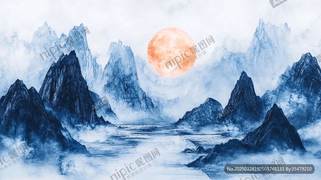 水墨山水間的夢幻紅月
