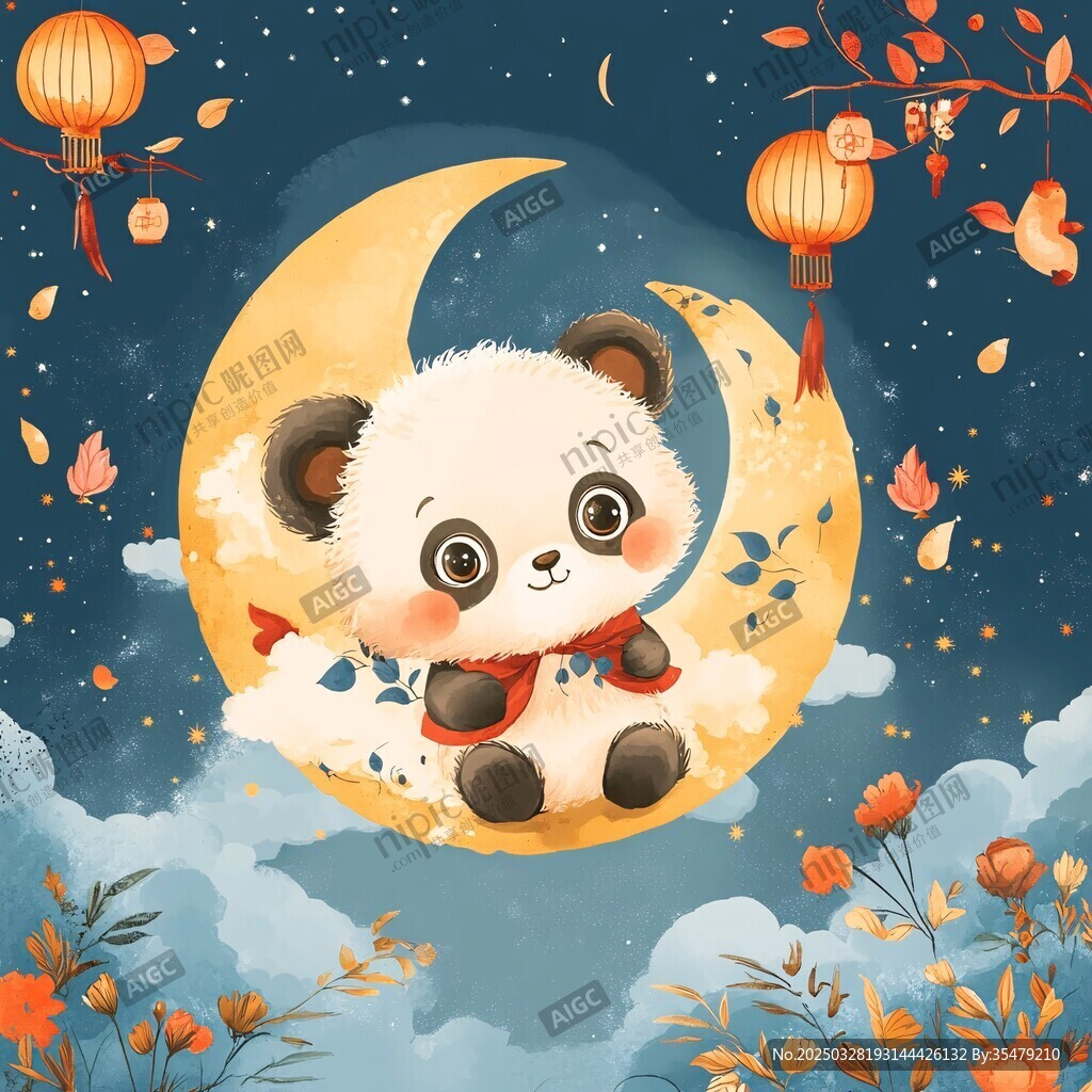 萌熊貓坐月享浪漫秋夜