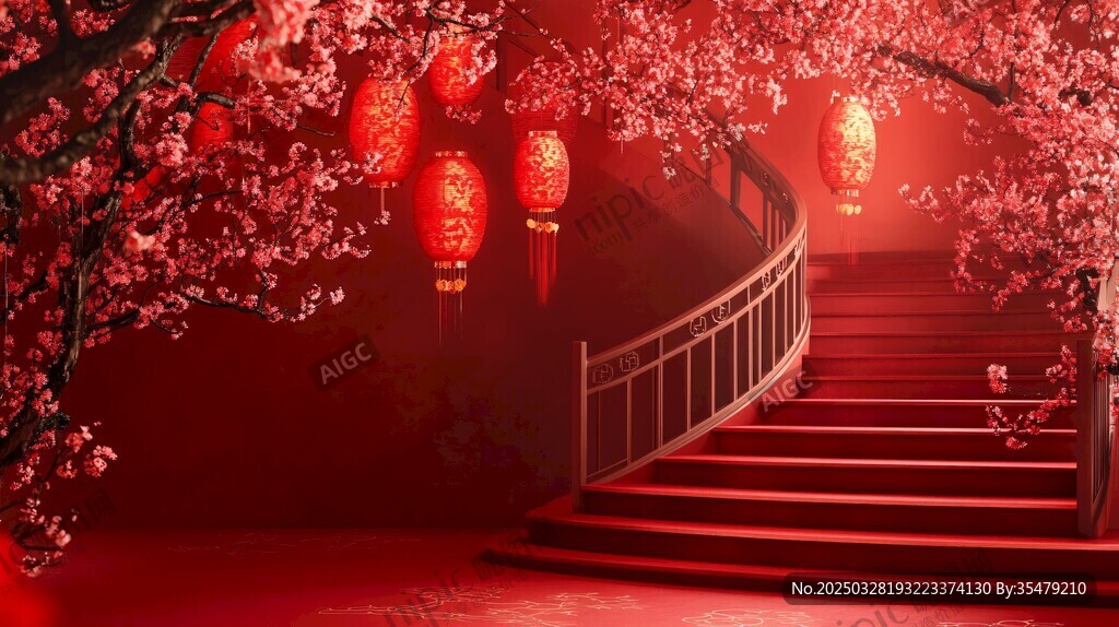 中式紅韻樓梯間燈籠美景