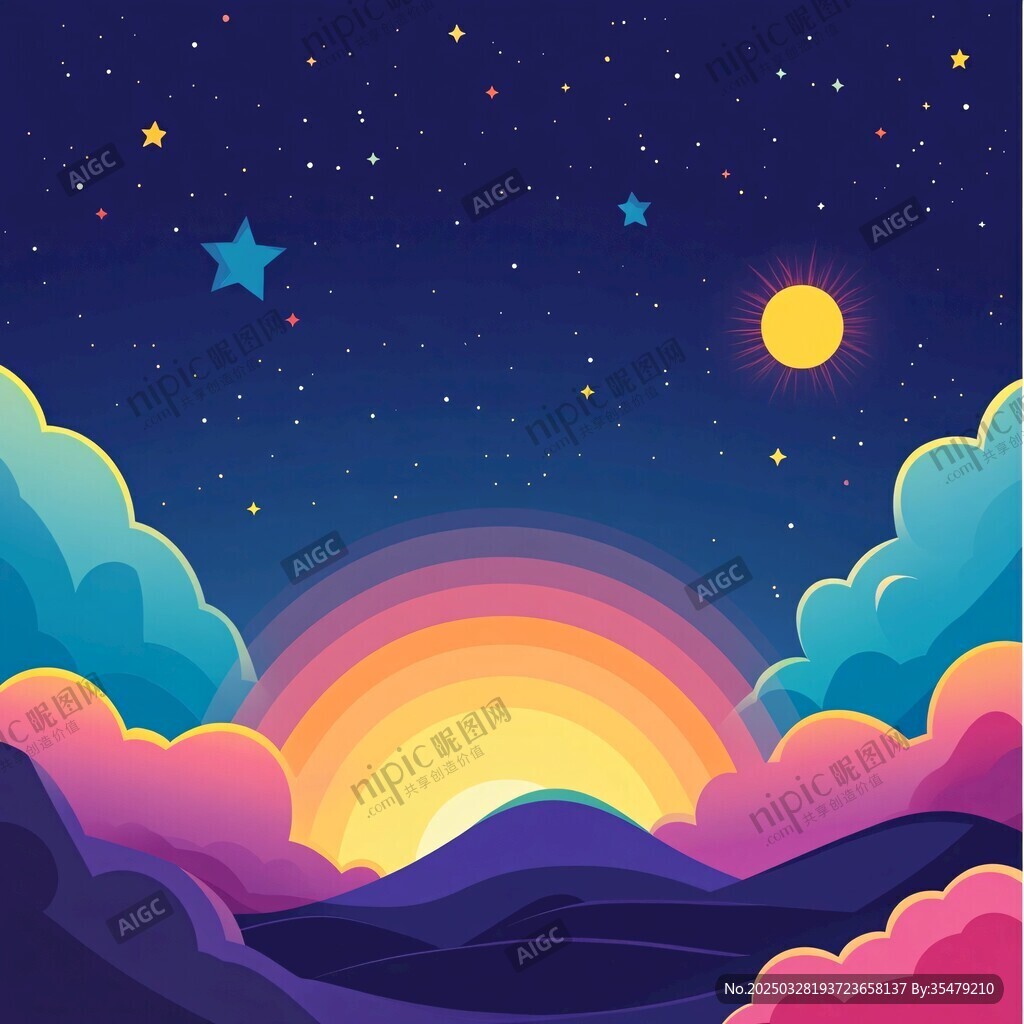 夢幻星空下的彩虹與山巒