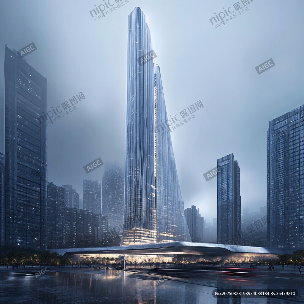 霧中摩天大樓城市景觀