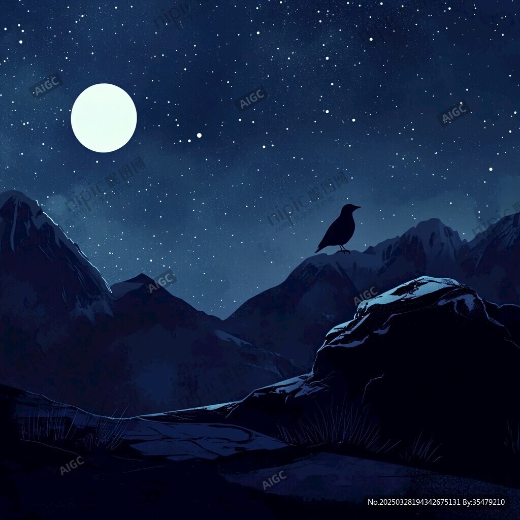 月夜孤鳥立山巔