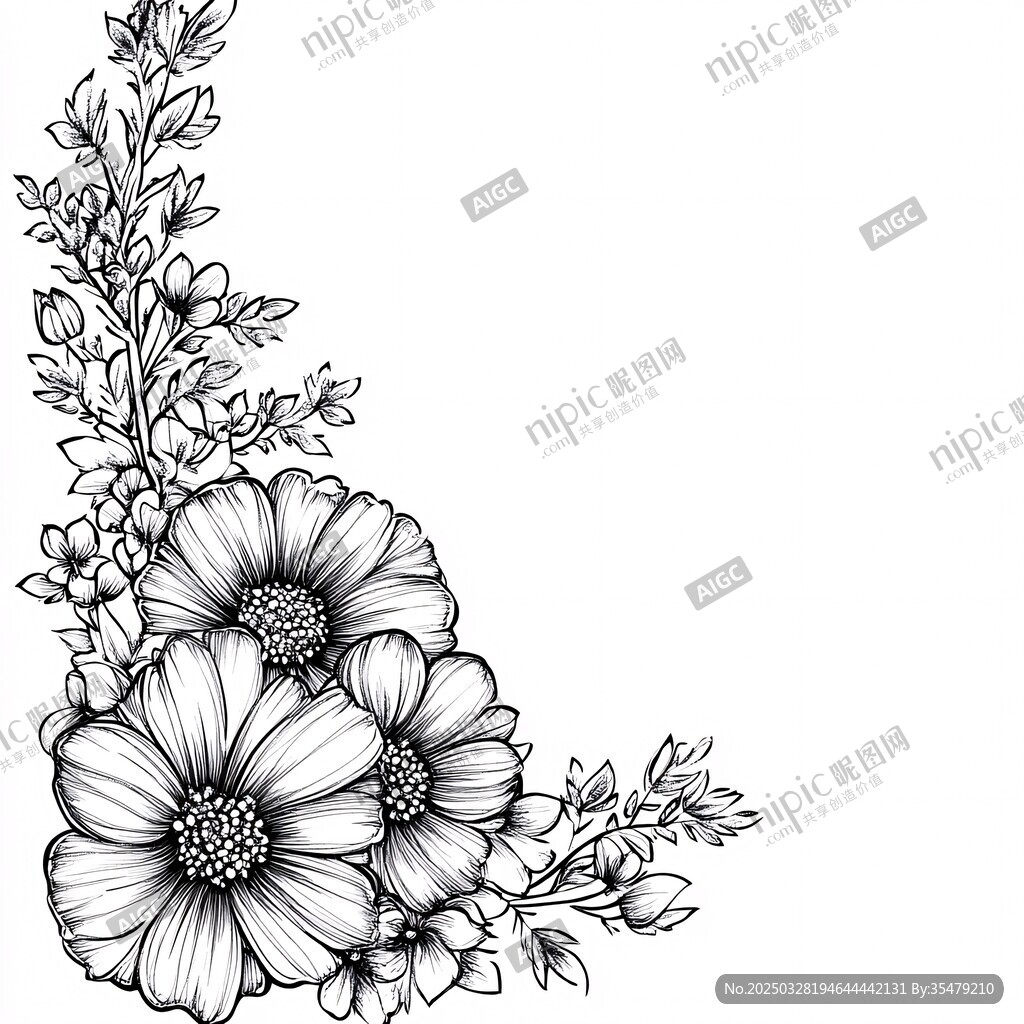 花卉邊角裝飾黑白插畫