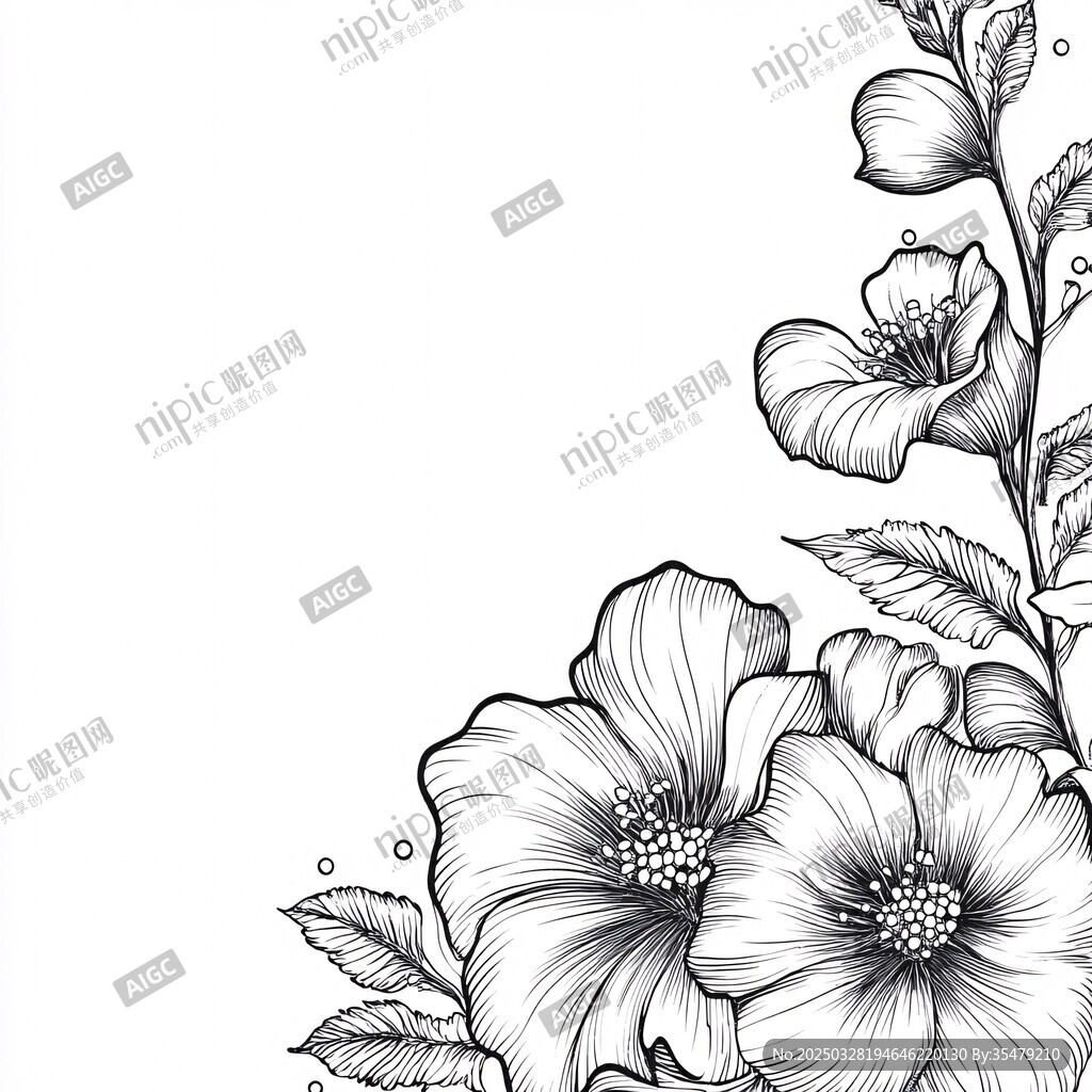黑白花卉邊框圖案設計