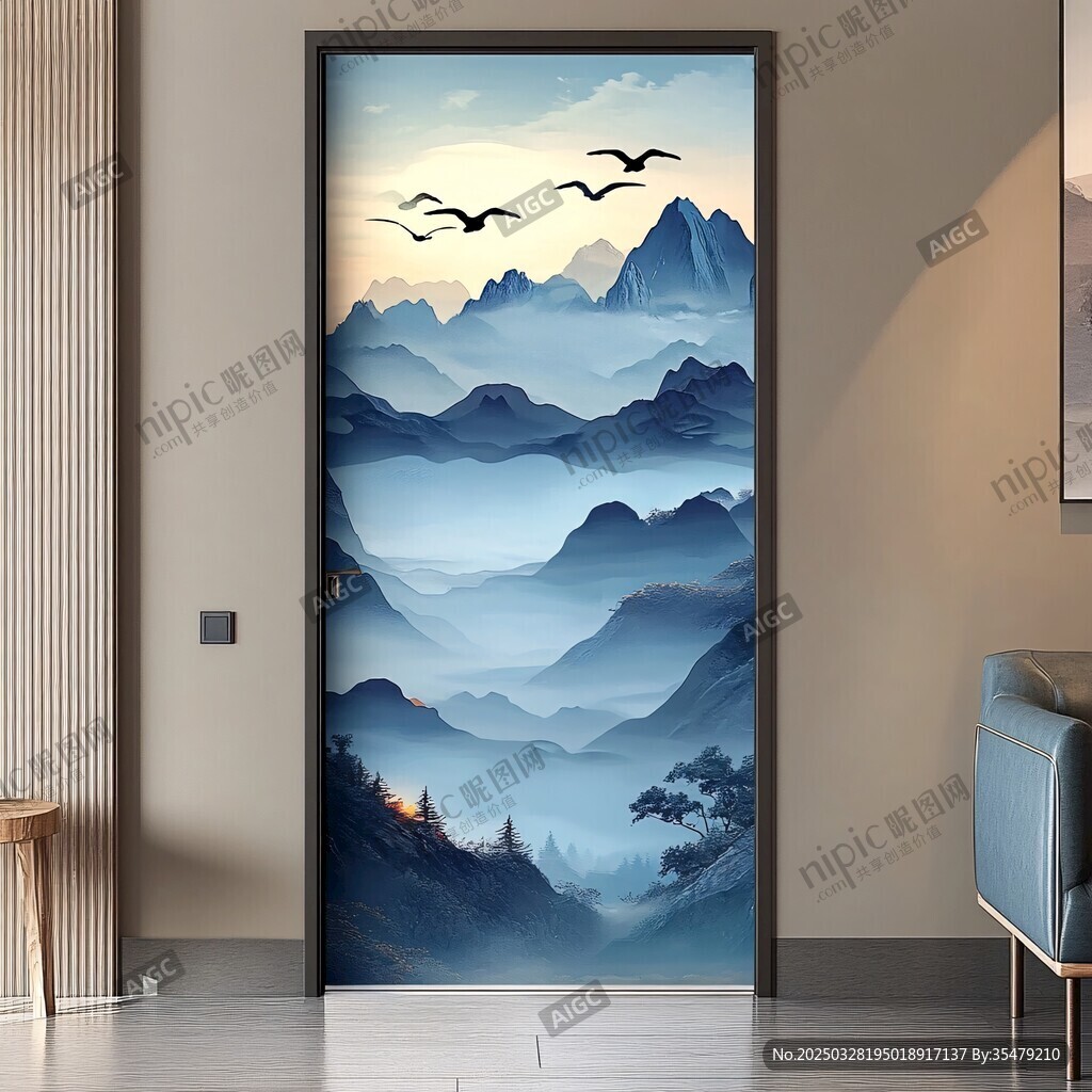 中式山水門貼 意境悠遠