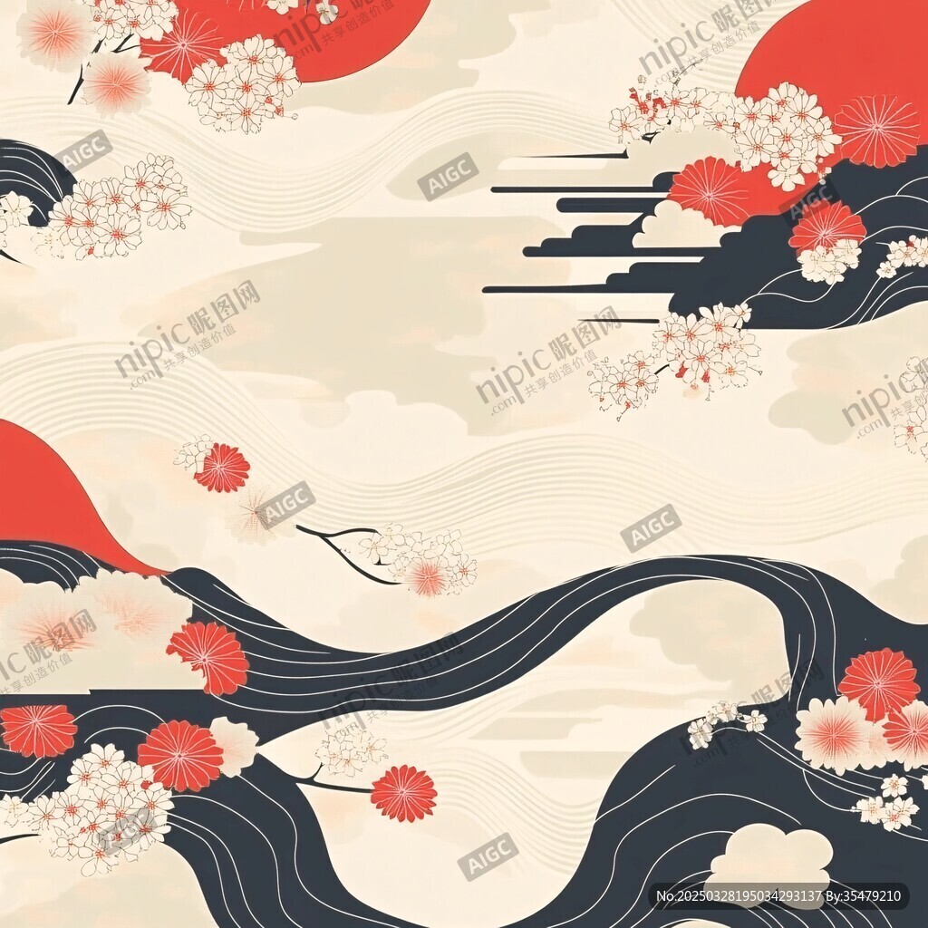 日式和風花卉海浪背景圖