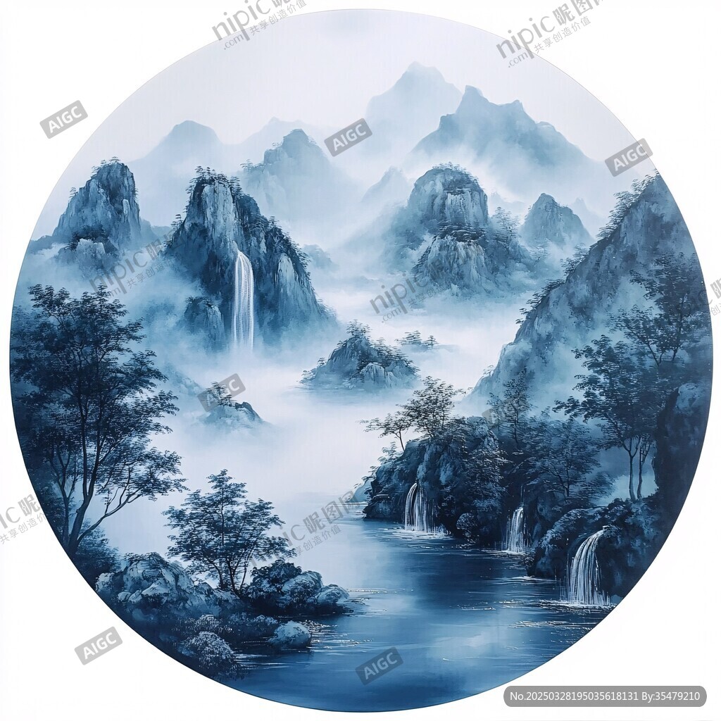 水墨山水圓形畫卷意境美