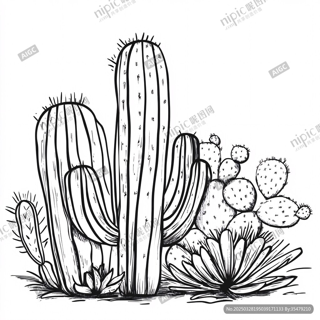 手繪仙人掌植物組合插畫