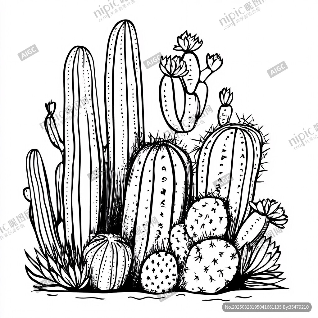 手繪黑白仙人掌植物組合