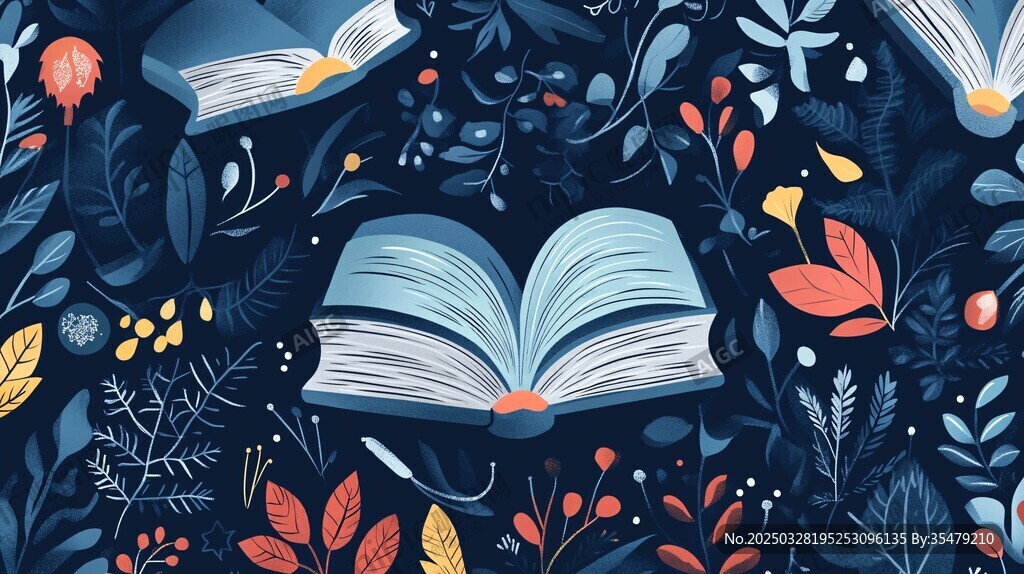 書籍與植物的夢幻插畫