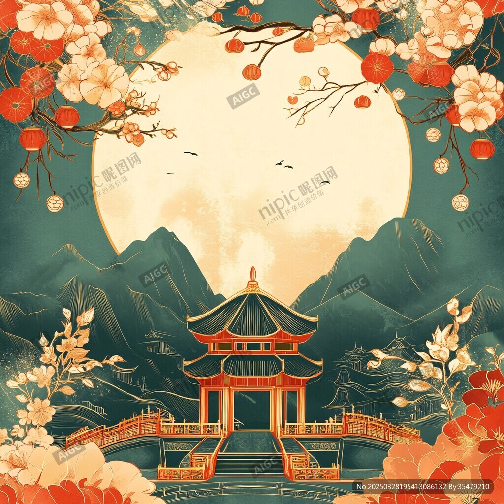 中式山水亭閣月夜美景圖