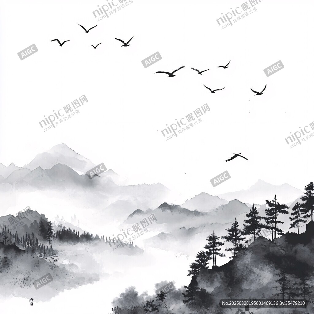 水墨山水間飛鳥翱翔圖