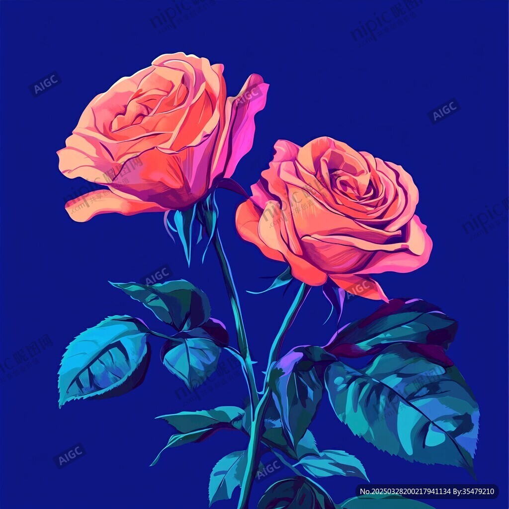 雙朵絢爛玫瑰插畫