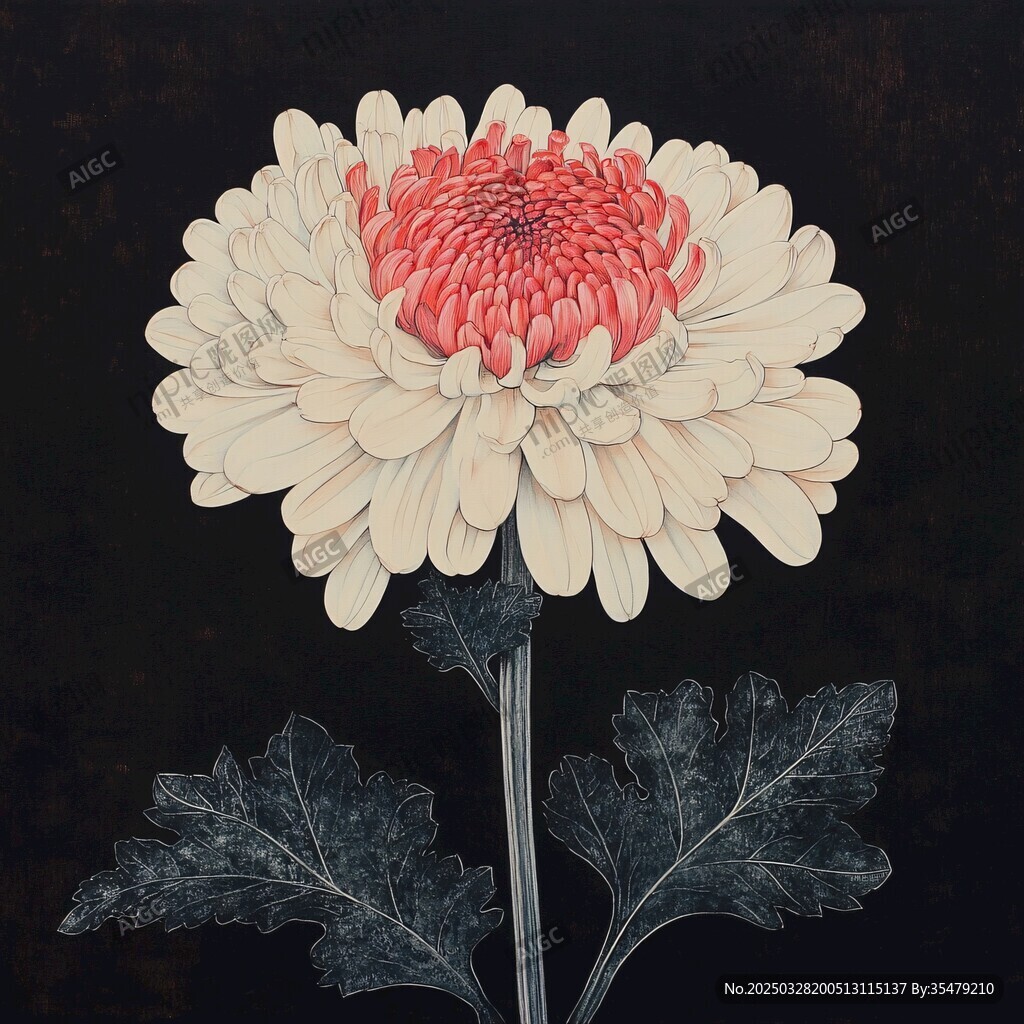 白瓣粉芯菊花工筆畫作