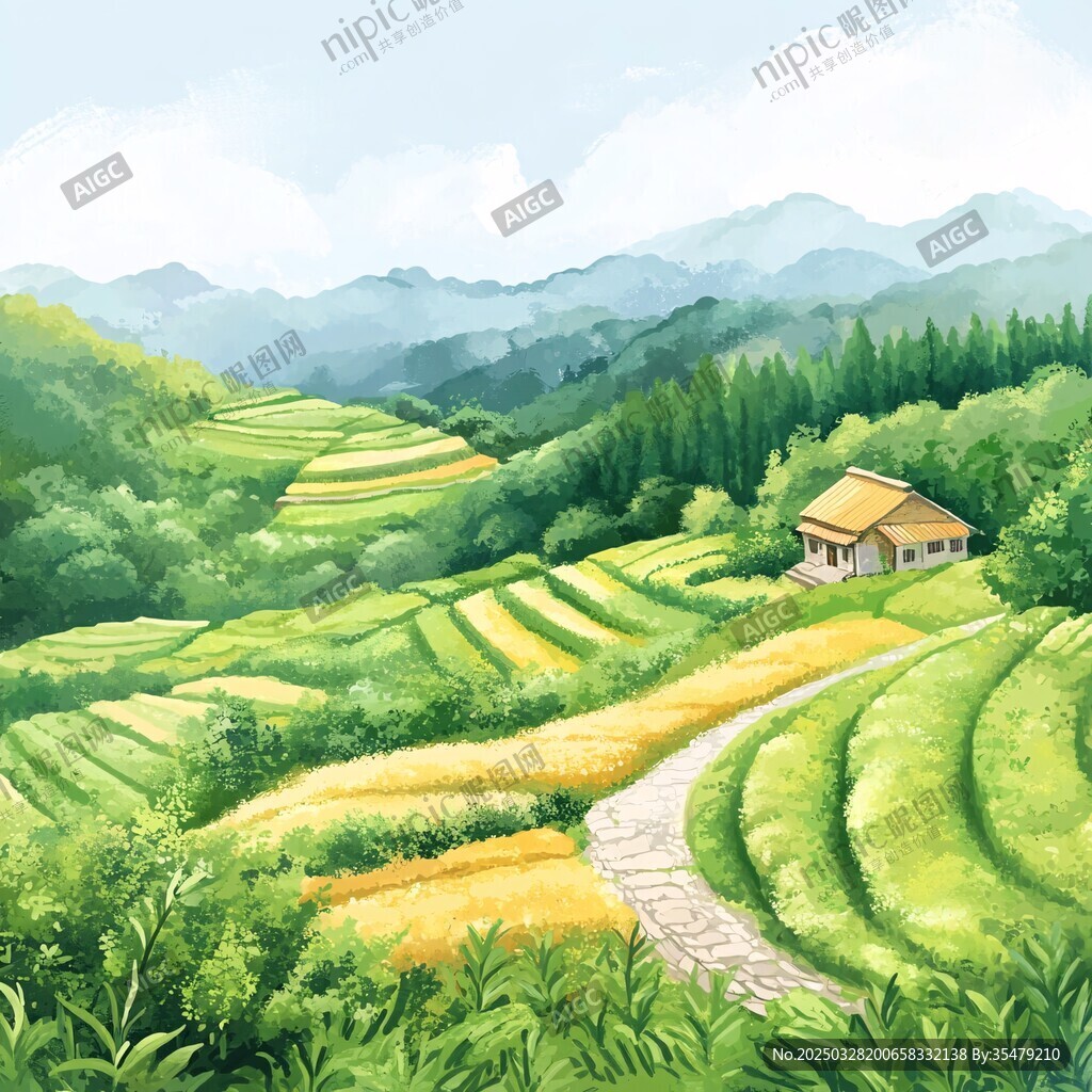 山間梯田小屋的田園風光