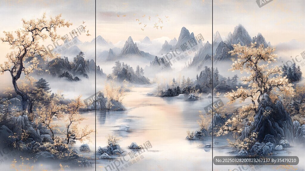 中式山水三聯(lián)畫 意境悠遠(yuǎn)