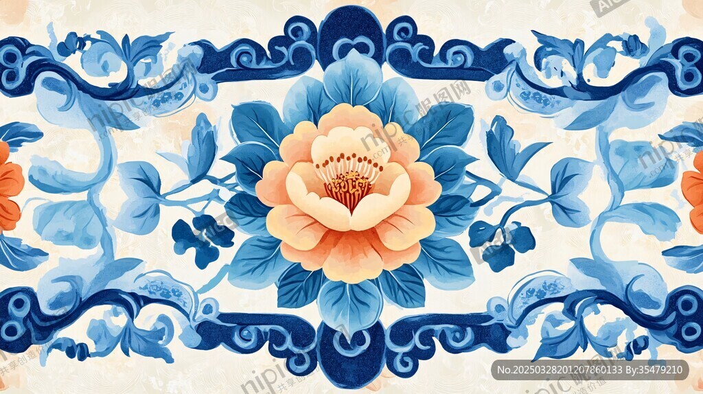 中式藍白花卉傳統(tǒng)紋樣