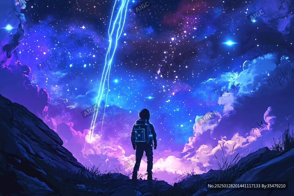少年凝望夜空中的神秘光束