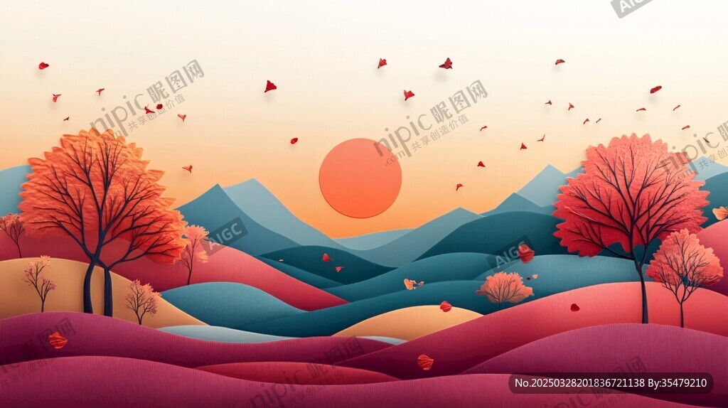 秋日山林夕陽美景
