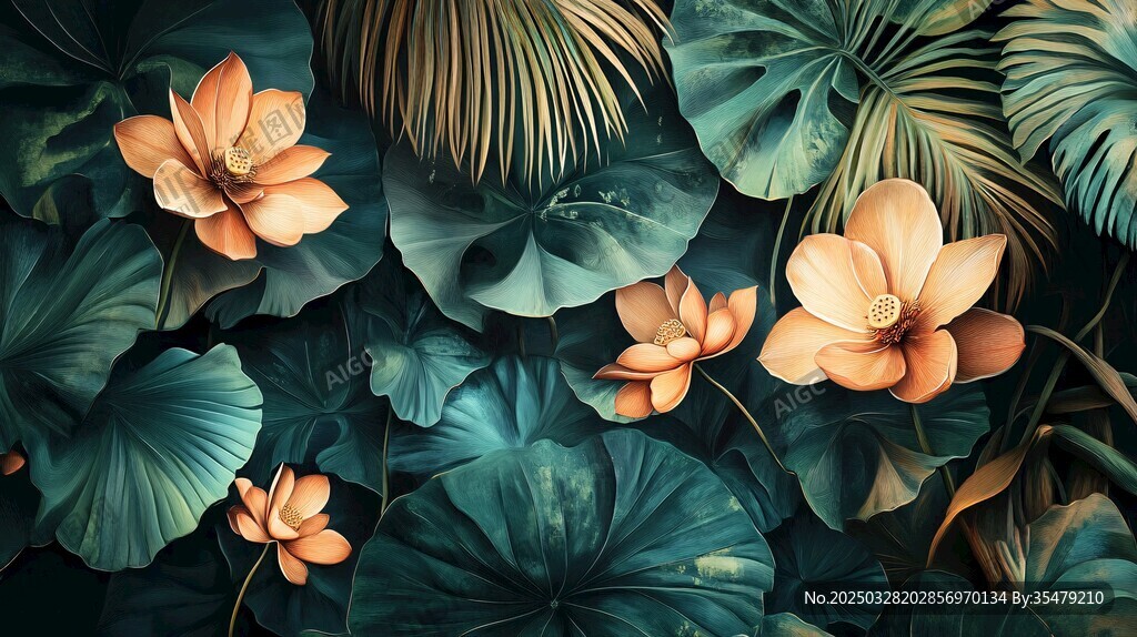 熱帶花卉綠植夢幻插畫