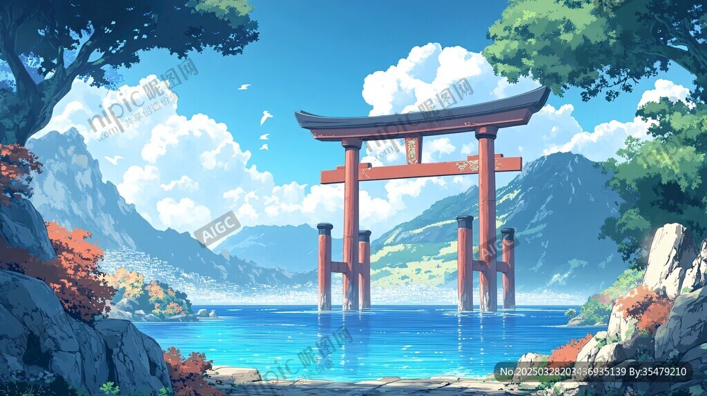 夢幻日式鳥居山水風景圖