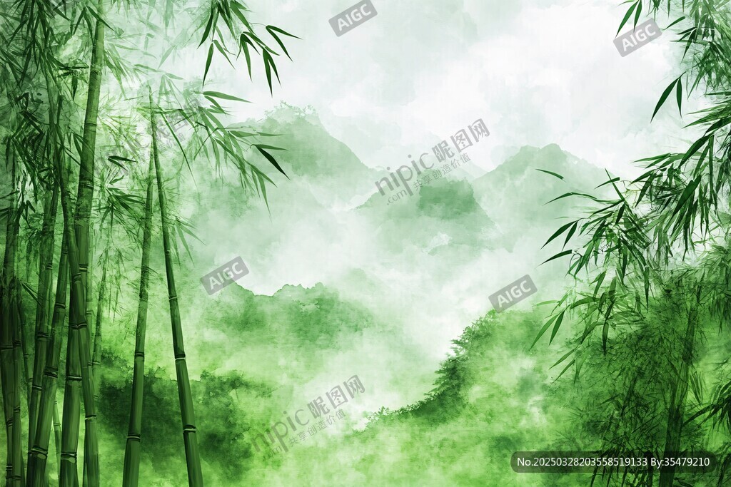 水墨竹林間 青山云霧繞