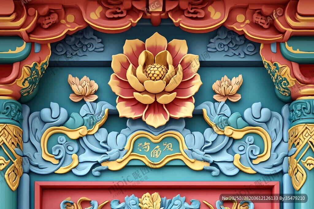 中式古建筑蓮花浮雕裝飾