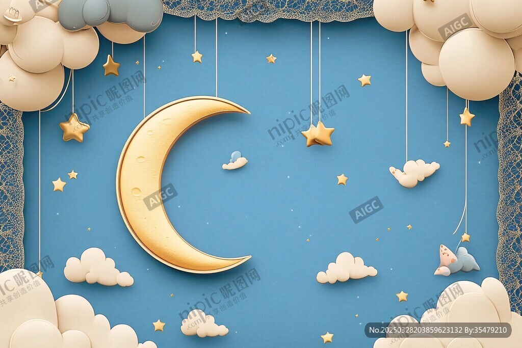 夢幻夜空下的星月云朵