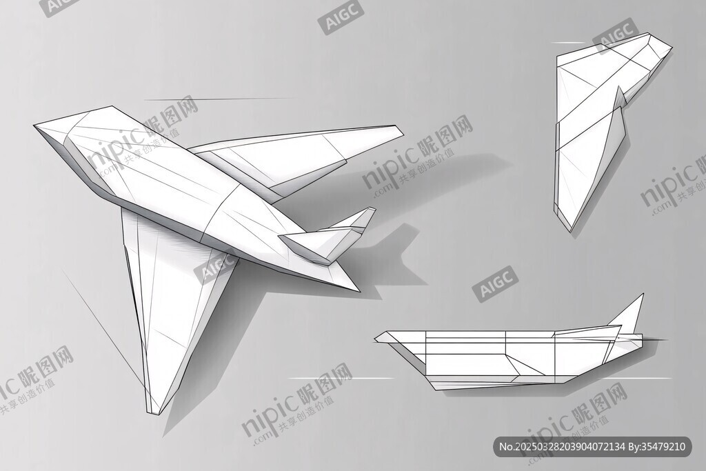 紙飛機(jī)多角度素描效果圖