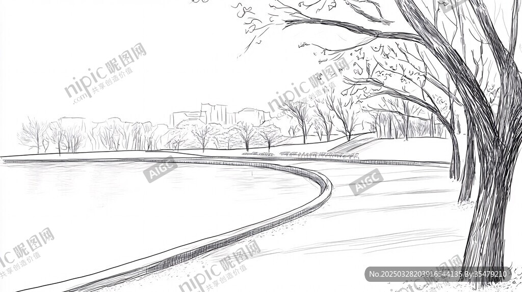 冬日湖邊素描風(fēng)景