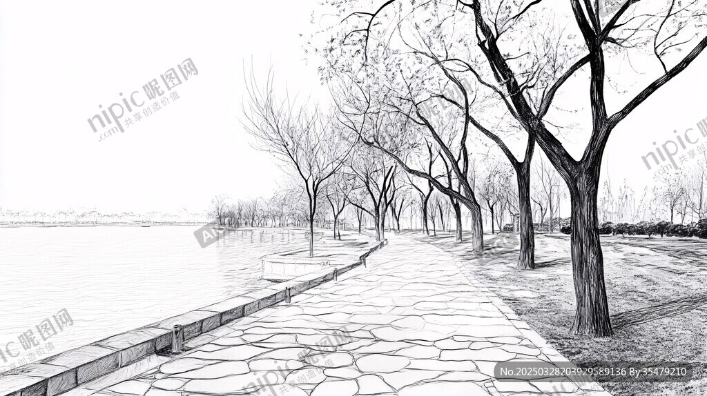 冬日湖畔石板路風景