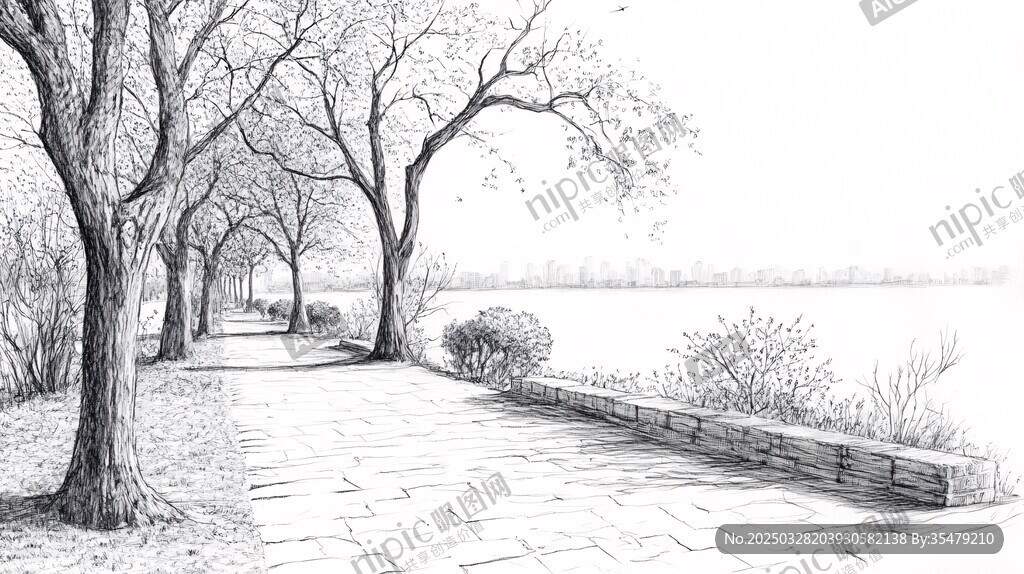 湖畔林蔭小道素描風(fēng)景