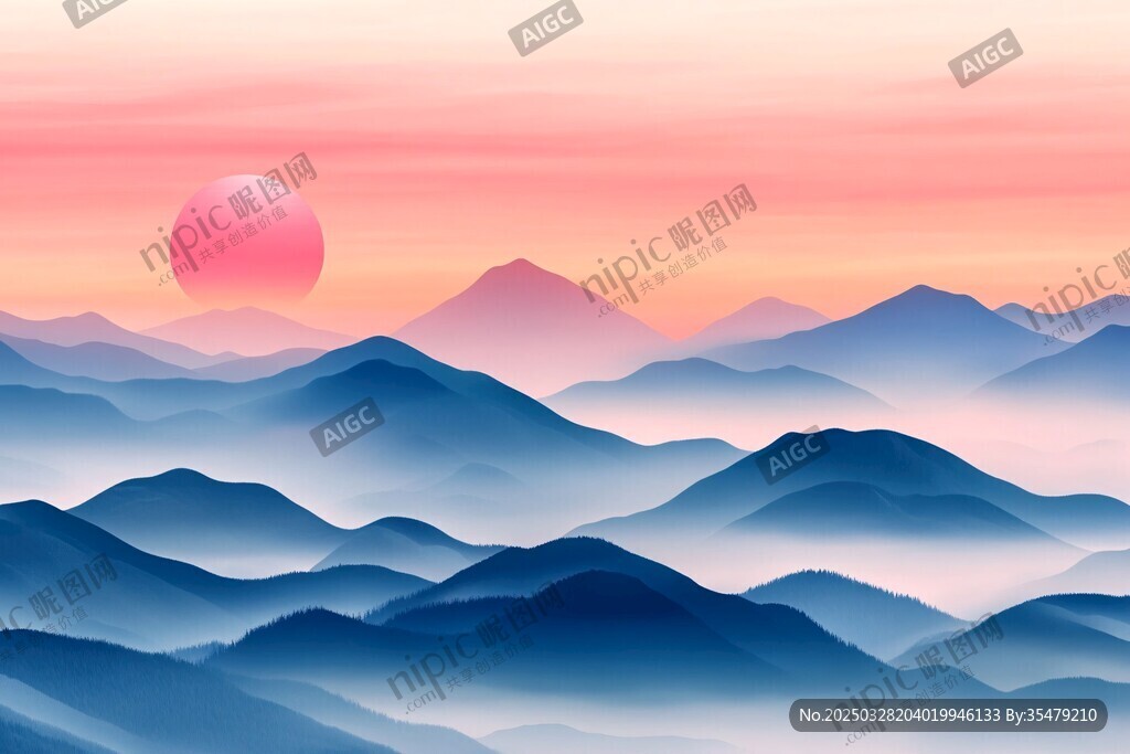 夕陽下的層巒疊嶂美景