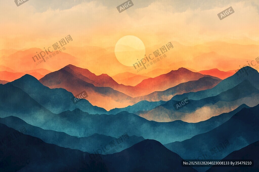 日落群山間夢幻水彩景
